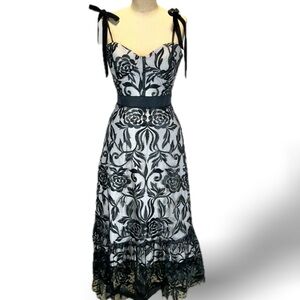 Black and cream floral dress formal sundress bow tie straps lace midi ruffle y2k